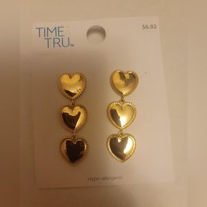 Time and Tru Gold Triple Heart Dangly Earrings
